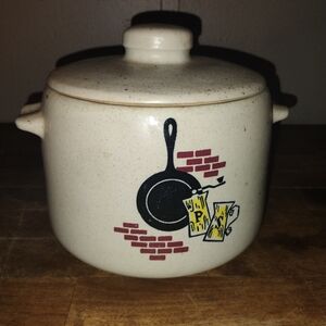 Vintage West Bend Cream Ceramic Kitchen Canister with Skillet Design